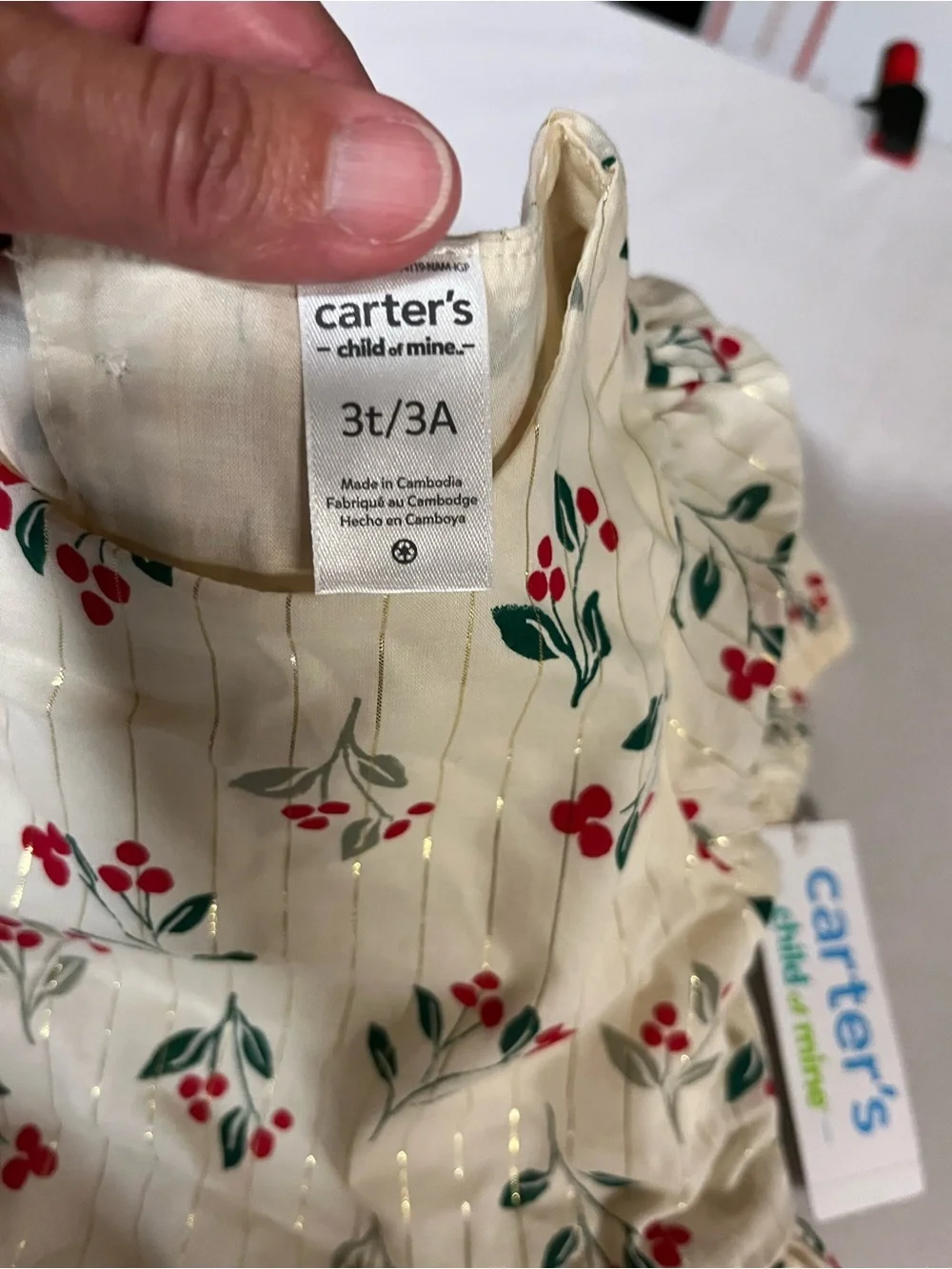 Carter’s Child of Mine Girls 3T Cherry Print Tiered Dress Cream Red Green NWT
